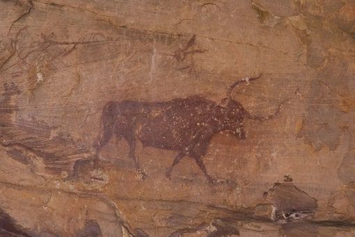 Pintura rupestre de un toro sobre la roca